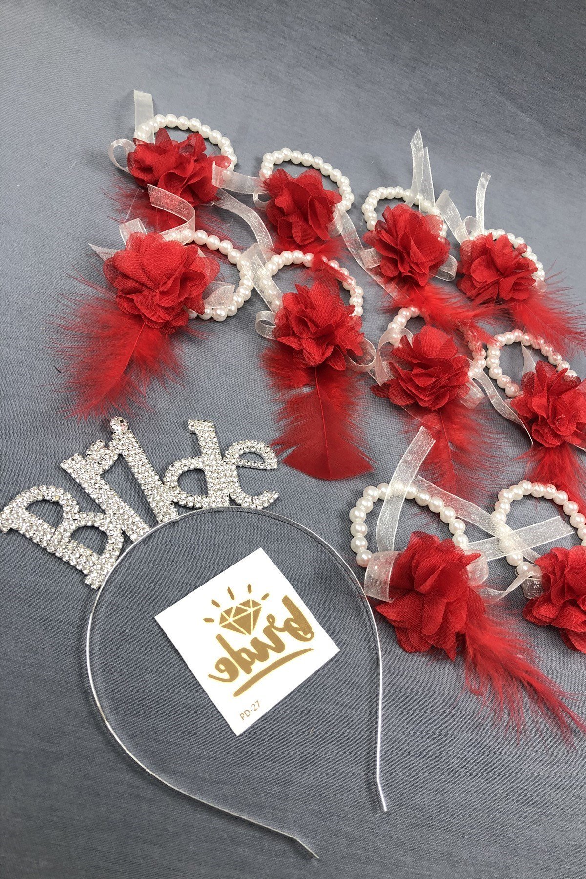 Bride Taç ve Lazer Çiçekli Nedime Bileklik Seti