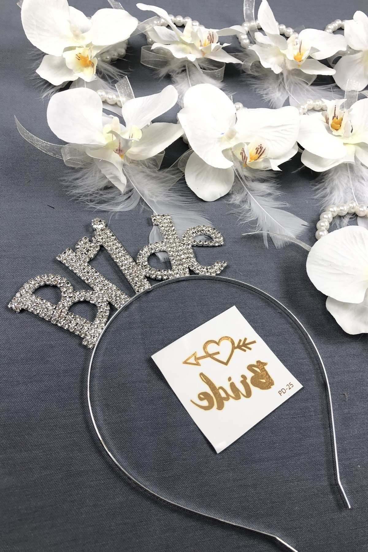 Bride Taç ve Orkide Çiçekli Nedime Bileklik Seti