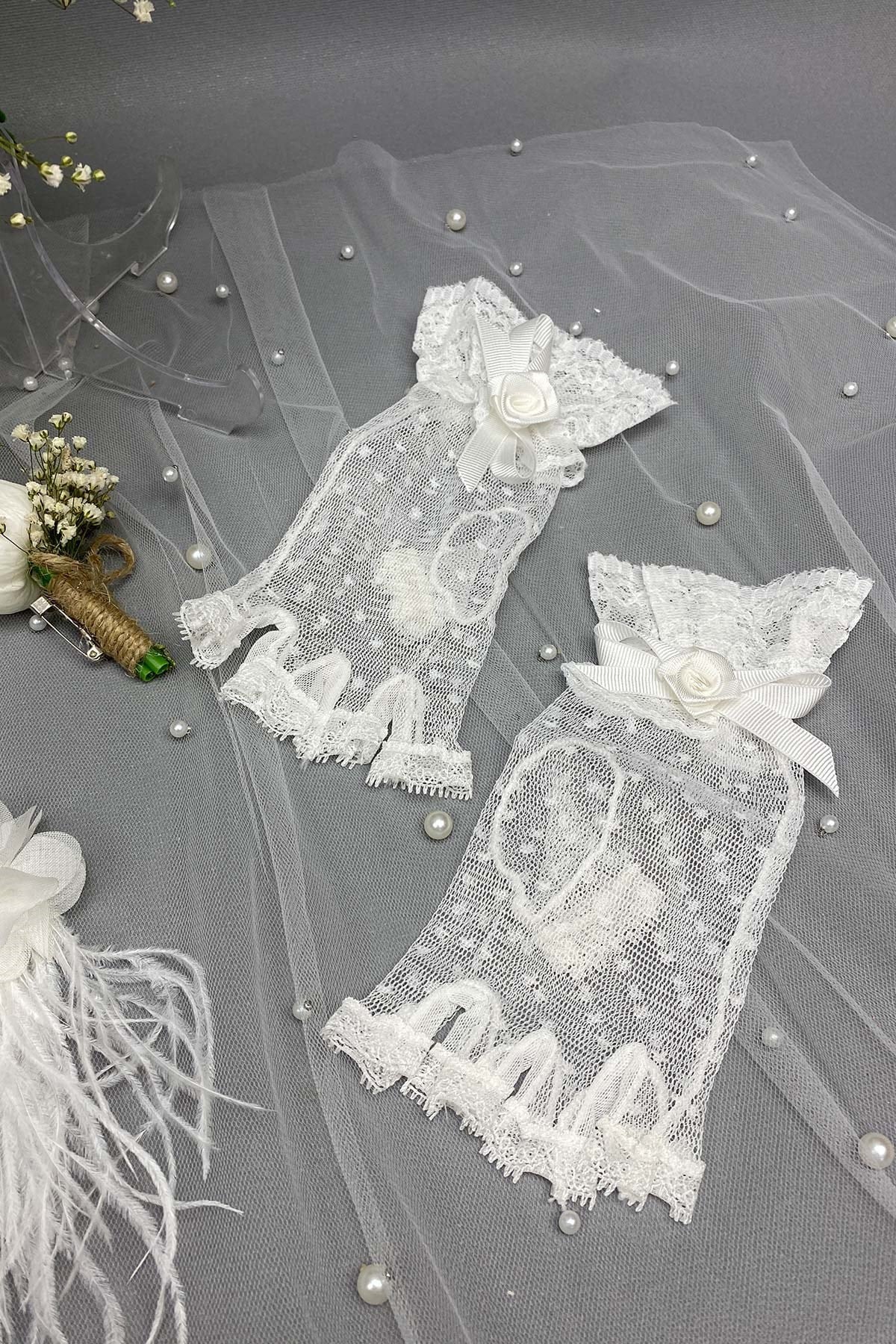 Cipsolu Islak Laleli Gelin Çiçeği,Nikah Şapkası ve Gelin Eldiveni Seti