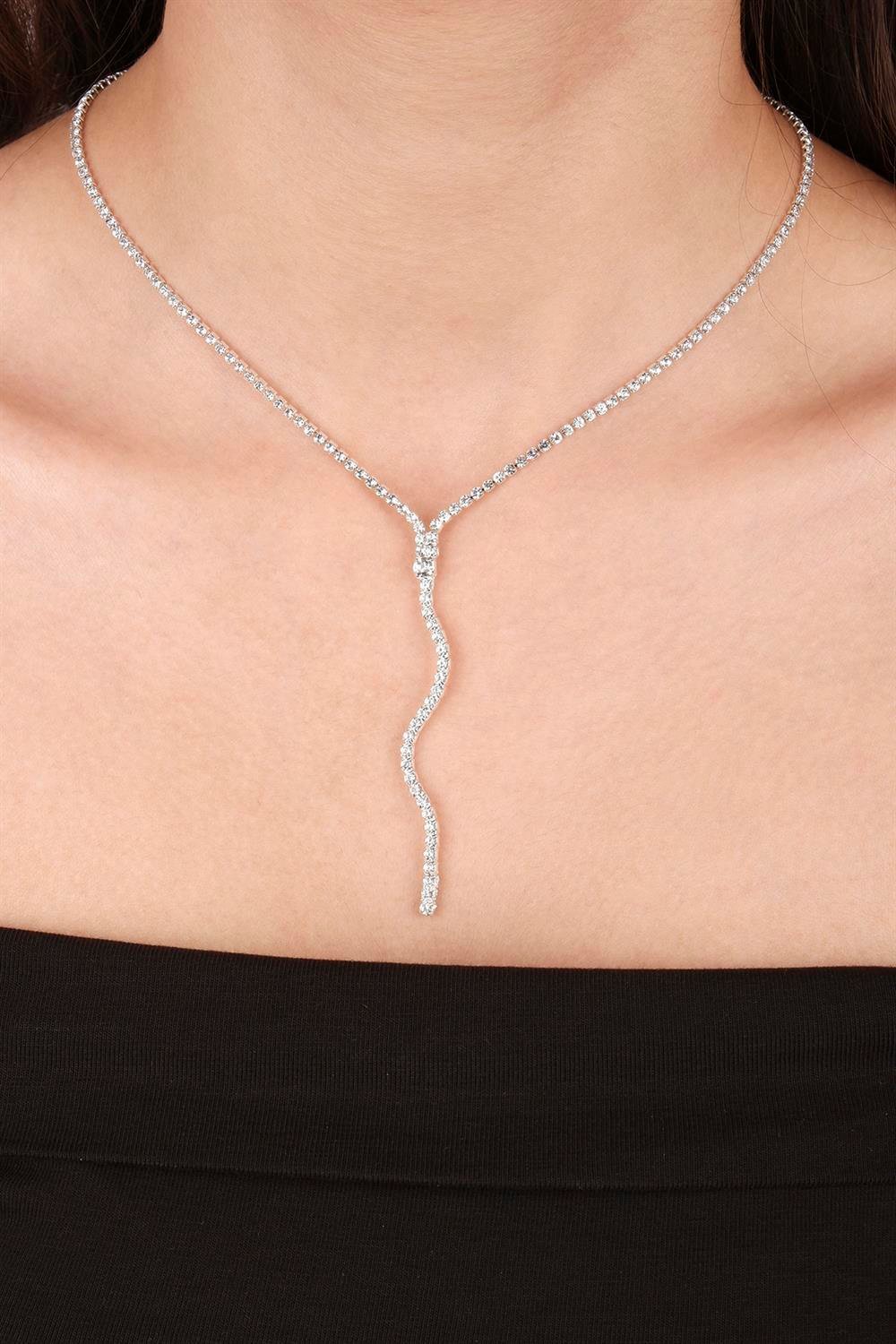 Dalgalı Venüs Şık Kristal Taşlı Abiye Kolye Küpe Seti Ve Lale Gelin Tacı