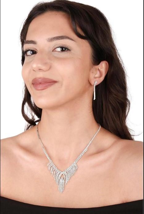 Dila Kristal Taşlı Abiye Kolye Küpe Seti Ve Lale Gelin Tacı
