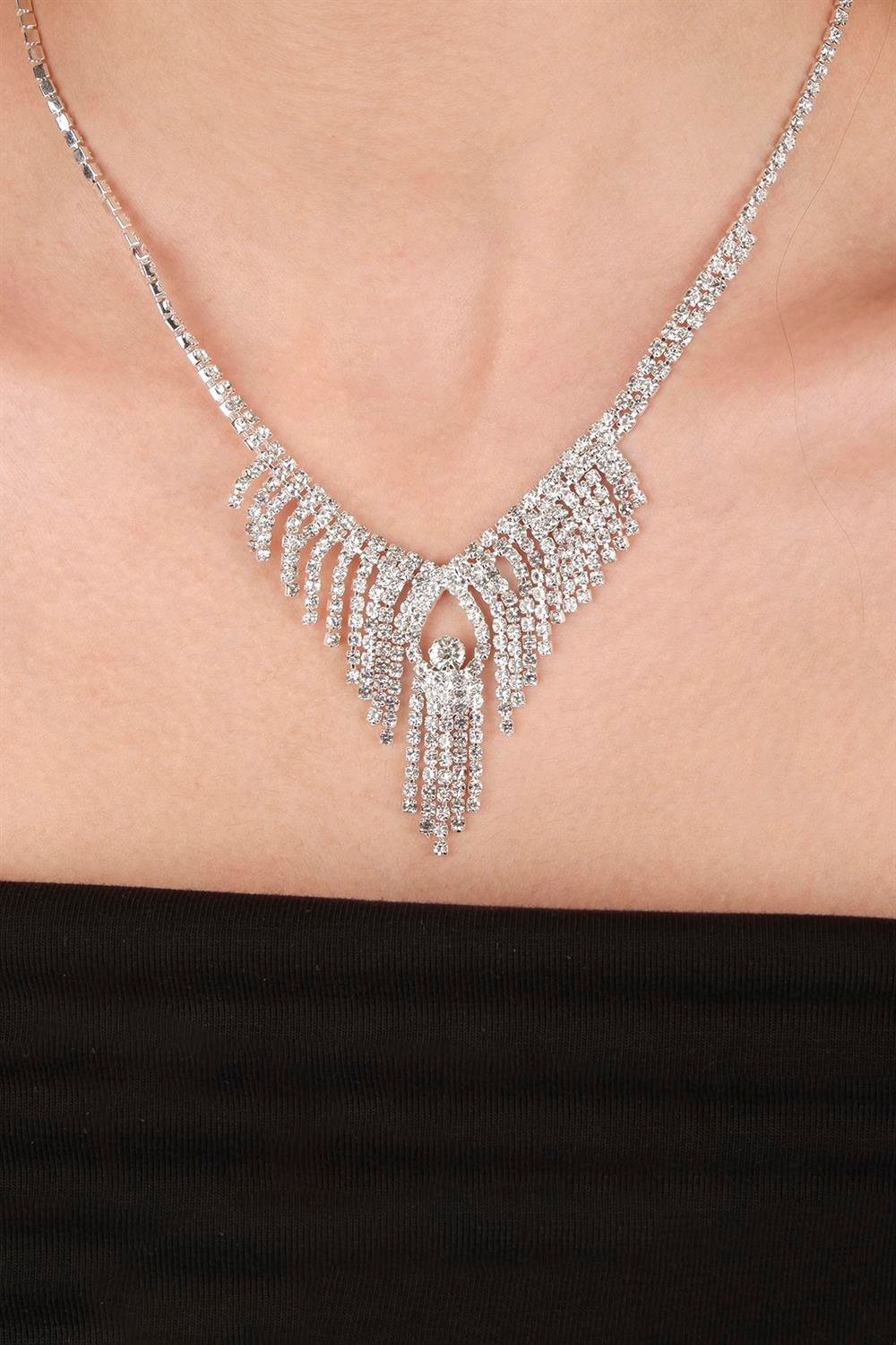 Dila Kristal Taşlı Abiye Kolye Küpe Seti Ve Gül Gelin Tacı