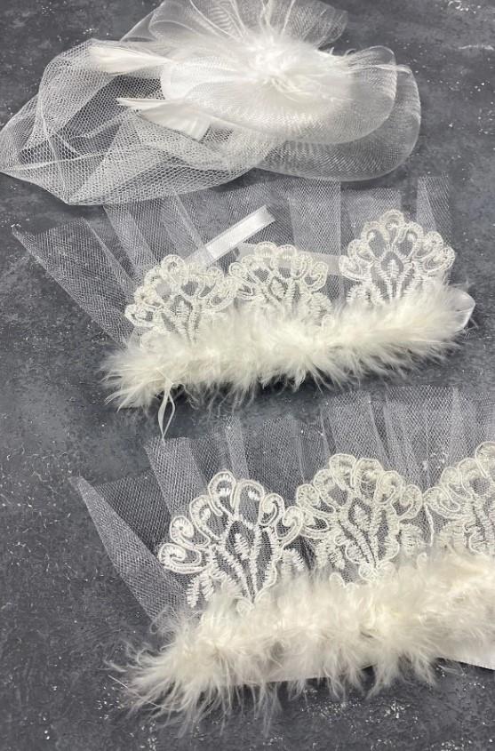 Gelin Aksesuar Beyaz Vualet Nikah Şapkası Saç Aksesuarı Ve Lavinia Çift Bilek Aksesuarı