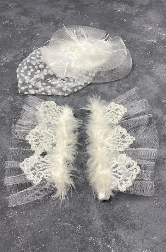 Gelin Aksesuar Beyaz Vualet Nikah Şapkası Saç Aksesuarı Ve Havin Tüylü Çift Bilek Aksesuarı