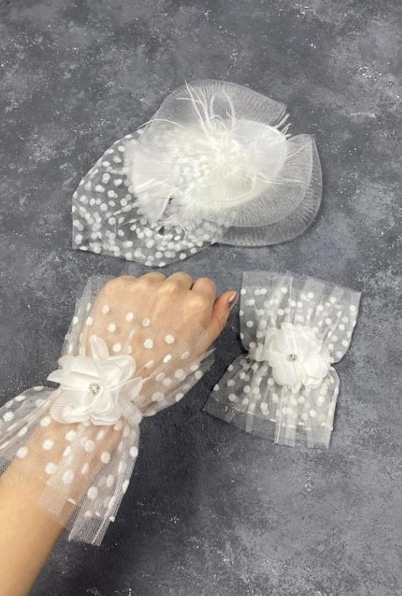 Gelin Aksesuar Beyaz Vualet Nikah Şapkası Saç Aksesuarı Ve Puanlı Taşlı Hera Çift Bilek Aksesuarı