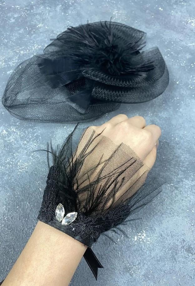 Gelin Aksesuar Siyah Vualet Nikah Şapkası Saç Aksesuarı Ve Havin Tüylü Bilek Aksesuarı