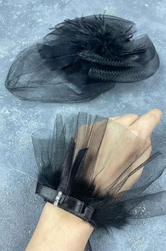Gelin Aksesuar Siyah Vualet Nikah Şapkası Saç Aksesuarı Ve Sina Bilek Aksesuarı