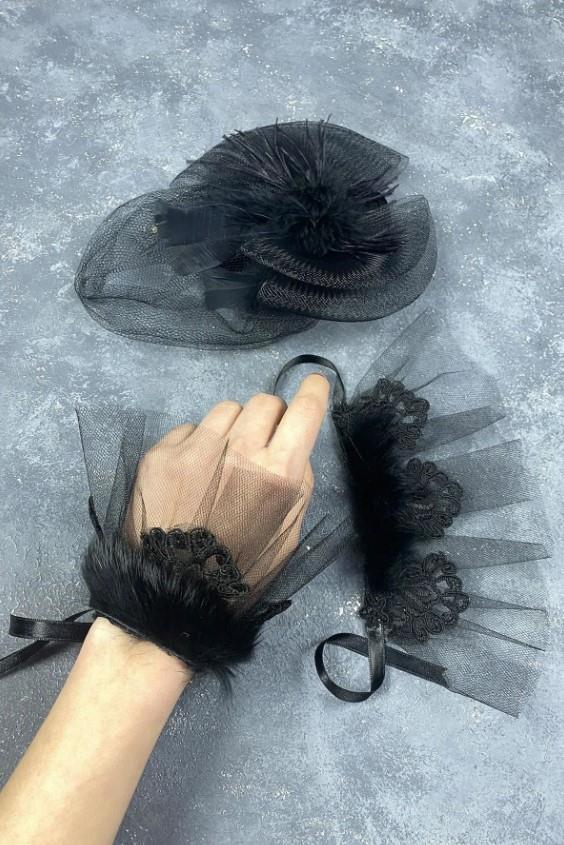 Gelin Aksesuar Siyah Vualet Nikah Şapkası Saç Aksesuarı Ve Havin Tüylü Çift Bilek Aksesuarı