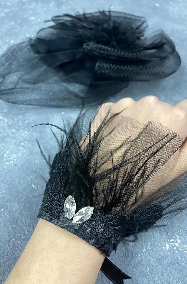 Gelin Aksesuar Siyah Vualet Nikah Şapkası Saç Aksesuarı Ve Havin Tüylü Bilek Aksesuarı