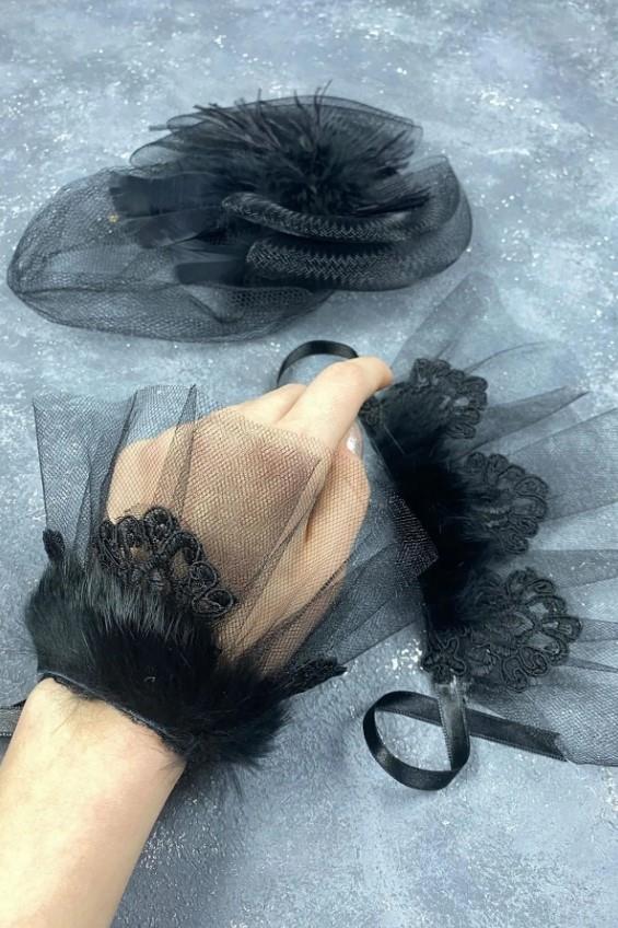 Gelin Aksesuar Siyah Vualet Nikah Şapkası Saç Aksesuarı Ve Havin Tüylü Çift Bilek Aksesuarı