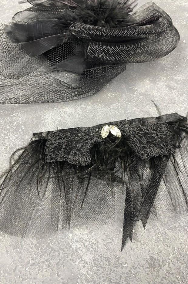 Gelin Aksesuar Siyah Vualet Nikah Şapkası Saç Aksesuarı Ve Havin Tüylü Bilek Aksesuarı