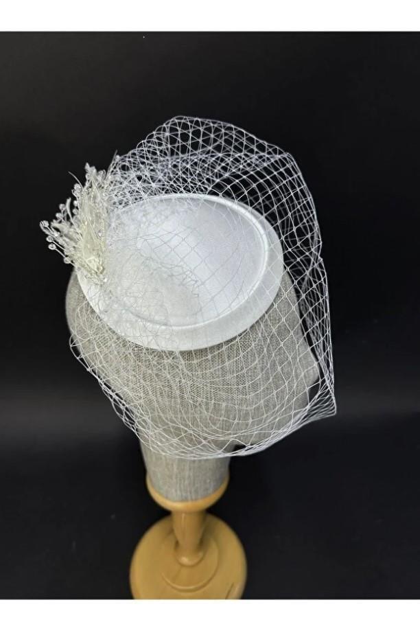 Gelin Nikah Vualet Şapkası Şifon Çiçekli Tüy Detaylı Peçeli Nikah Aksesuarı