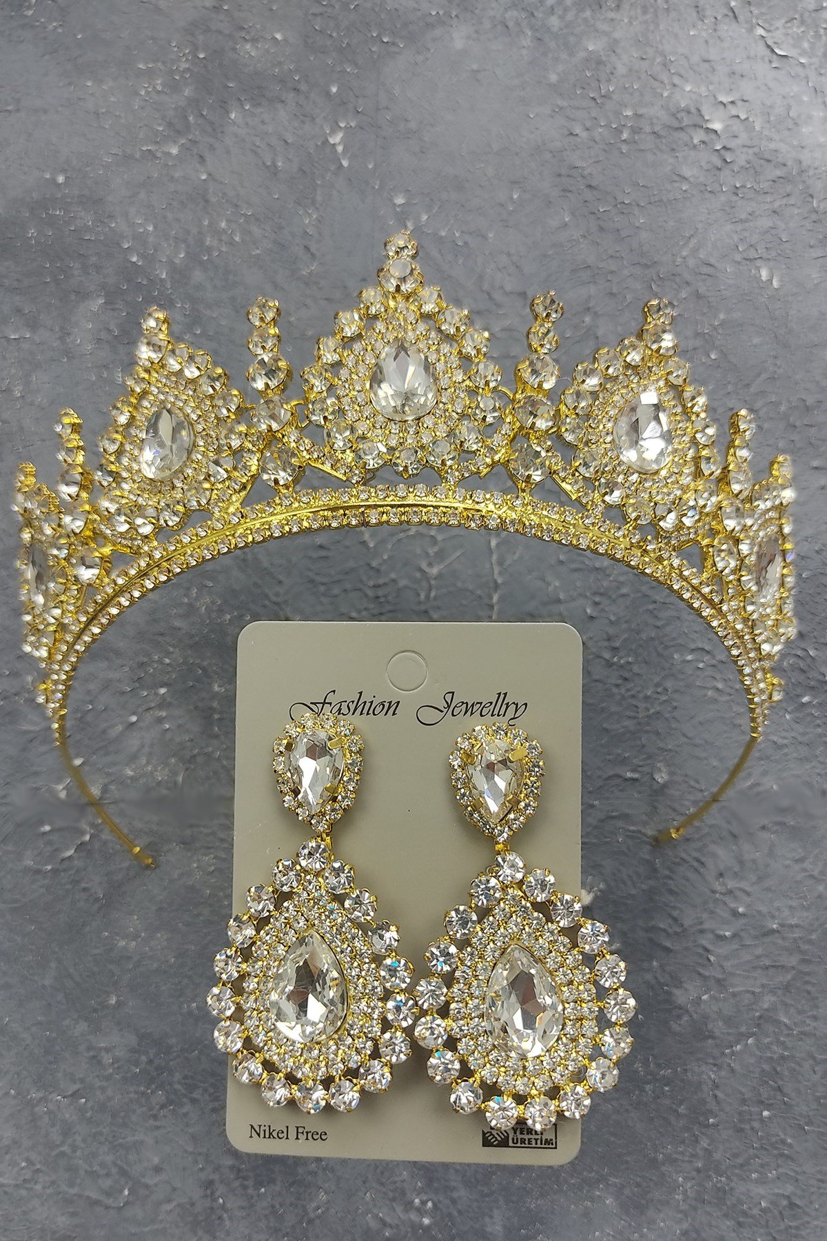 Gold Ahu Model Gelin Tacı Ve Mekik Taşlı Küpe