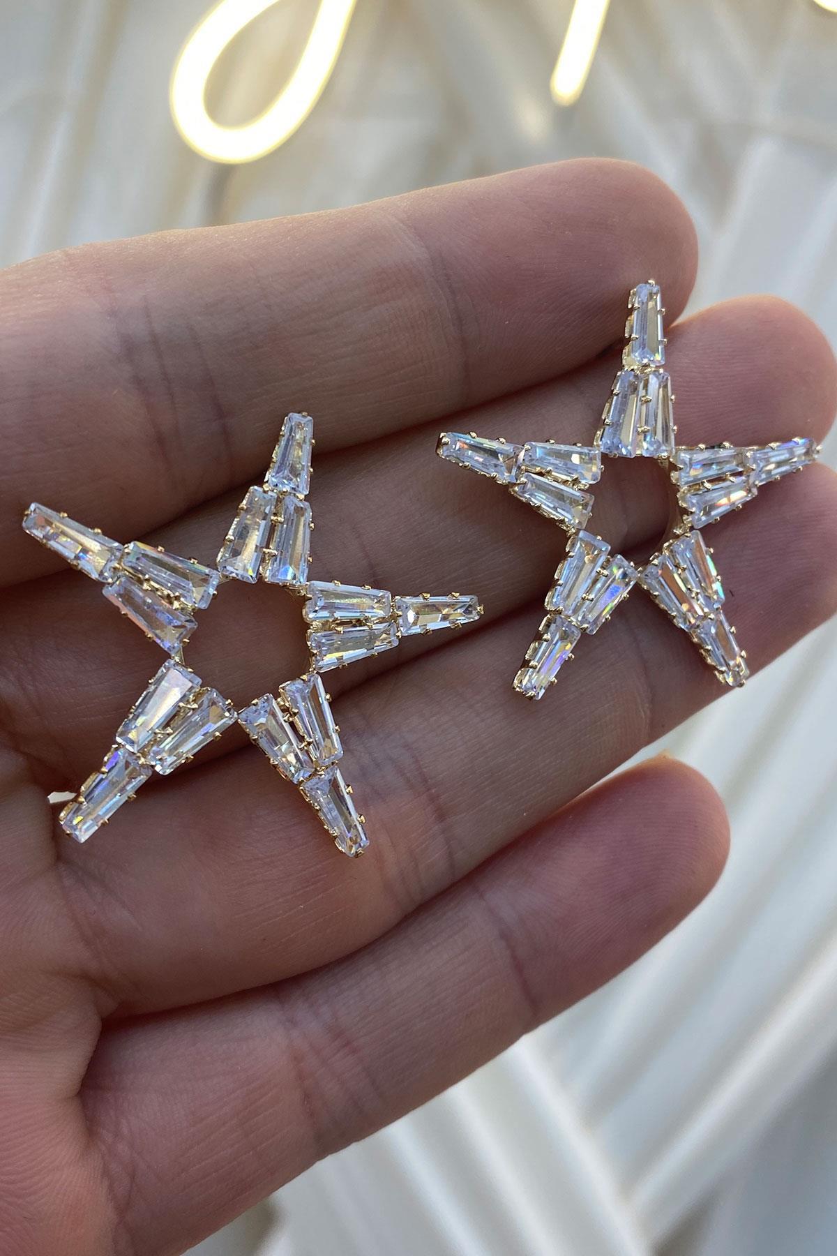 Gold Baget Zirkon Taşlı Abiye Parlak Küpe
