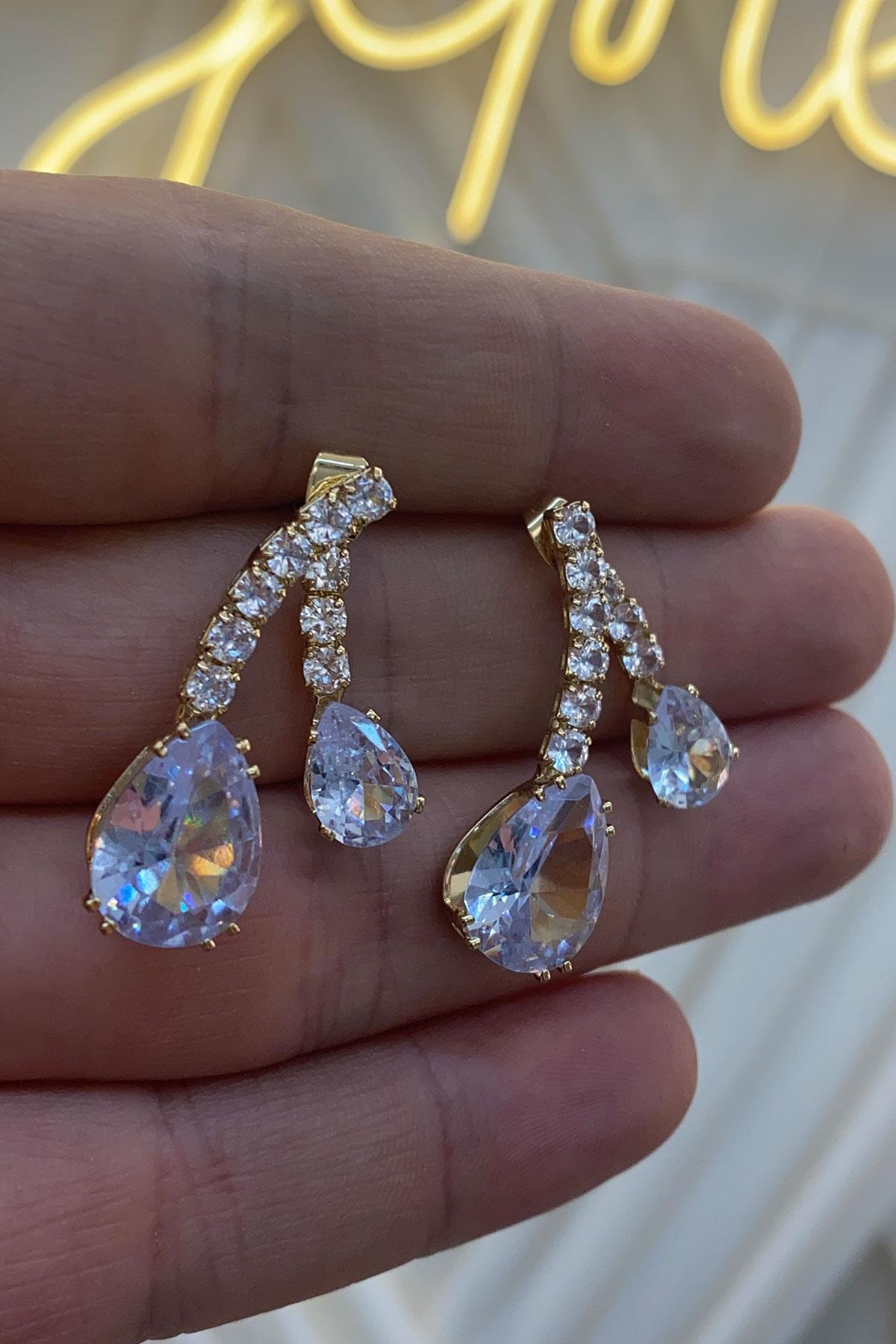 Gold Damla Taşlı Özel Zirkon Parlak Küpe