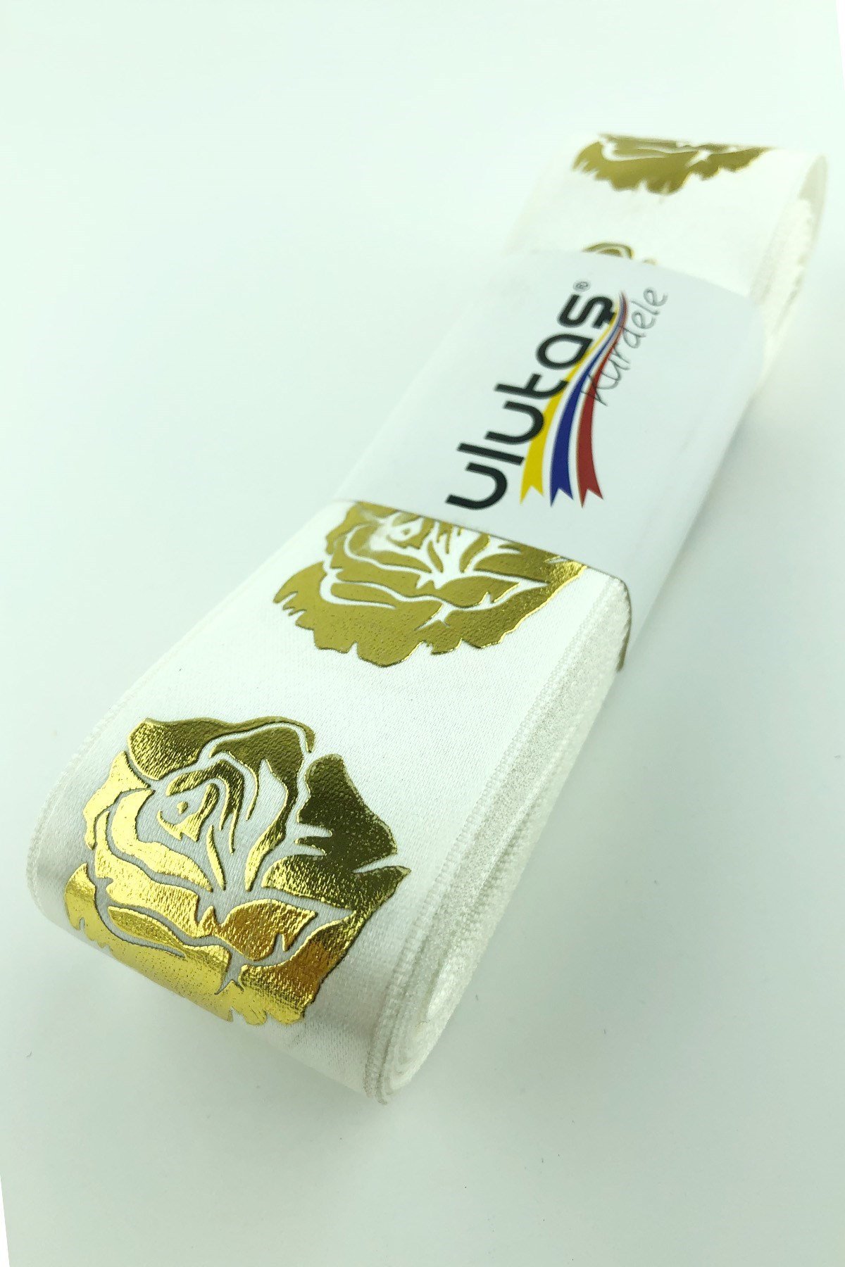 Gold Gül Varak Baskılı Saten Kurdele 4 cm