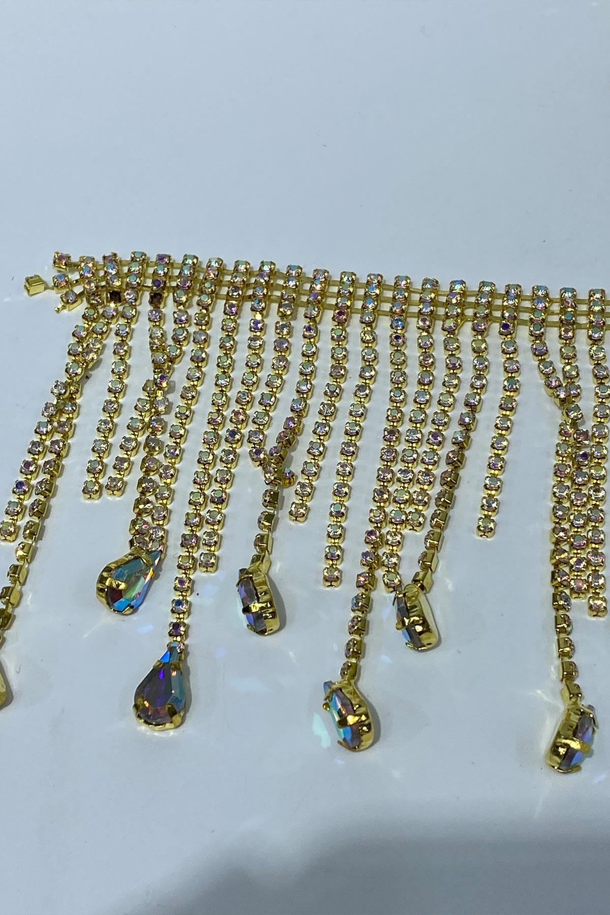 Gold Janjanlı Beyoğlu Damla Taşlı Saçak Püsküllü Şerit Aksesuar