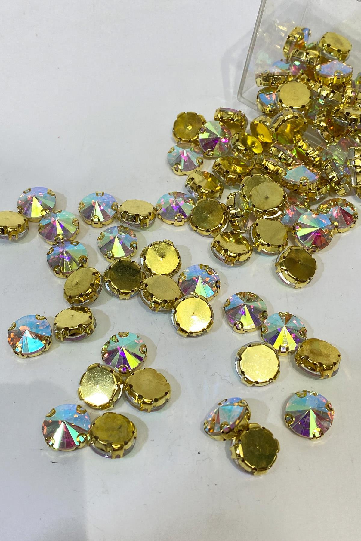Gold Janjanlı Metal Kasalı Yuvarlak Beyoğlu Taşı Dikme boncuk 5 Adet