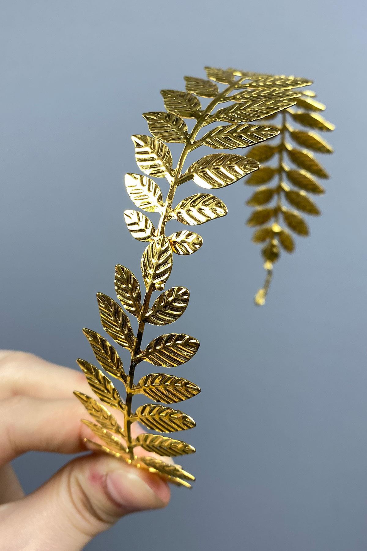Gold Renk Metal İnce Yapraklı Tasarım Gelin Tacı Saç Aksesuarı