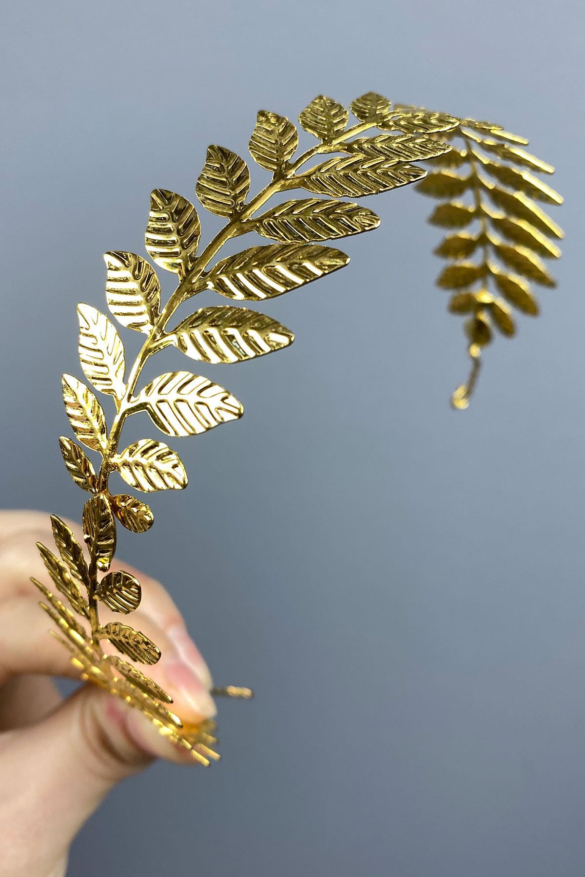 Gold Renk Metal İnce Yapraklı Tasarım Gelin Tacı Saç Aksesuarı