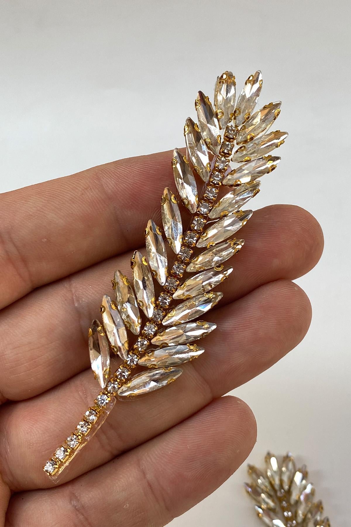 Gold Renk Yaprak Desenli Ütüyle Yapışan Parlak Taşlı Aplik 