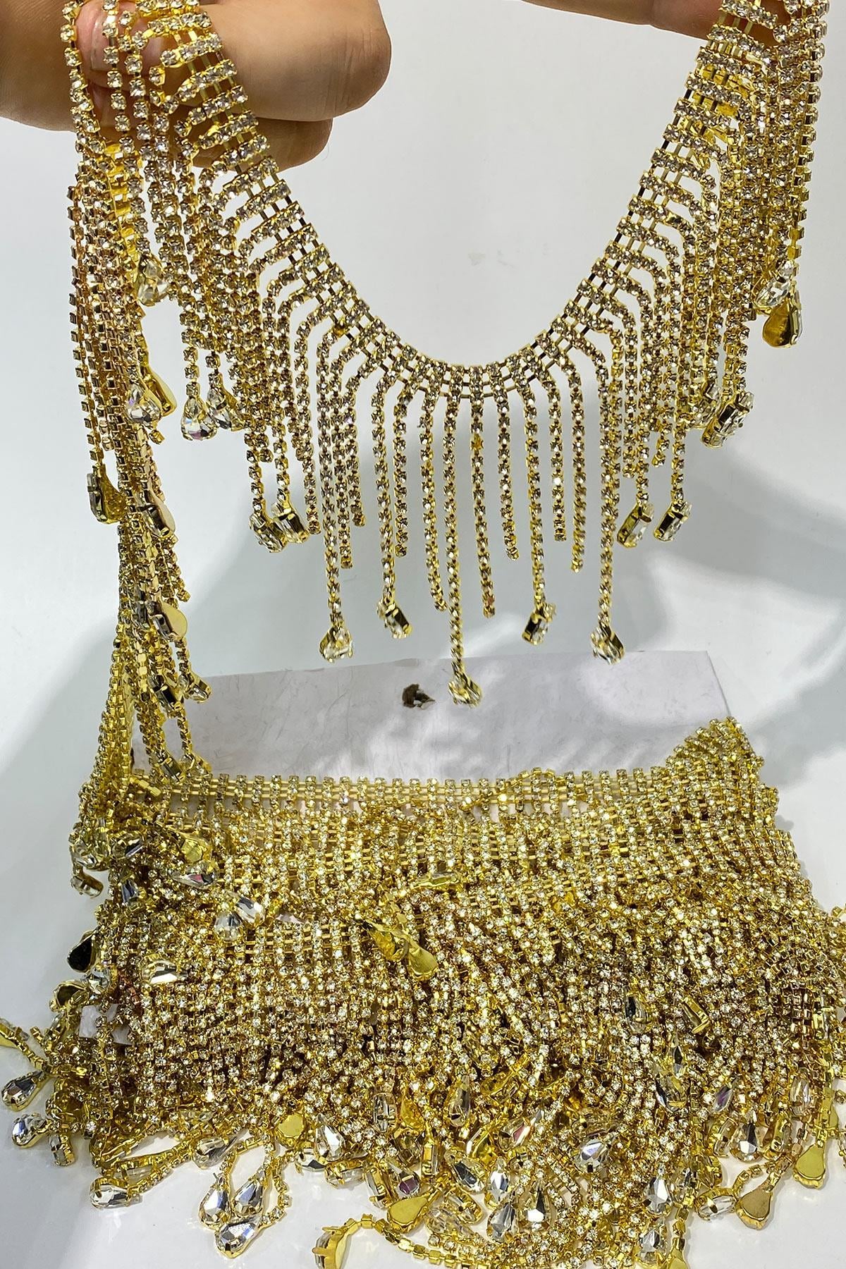 Gold Şeffaf Beyoğlu Damla Taşlı Saçak Püsküllü Şerit Aksesuar