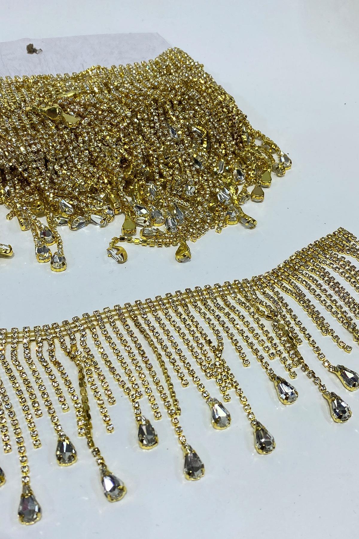 Gold Şeffaf Beyoğlu Damla Taşlı Saçak Püsküllü Şerit Aksesuar