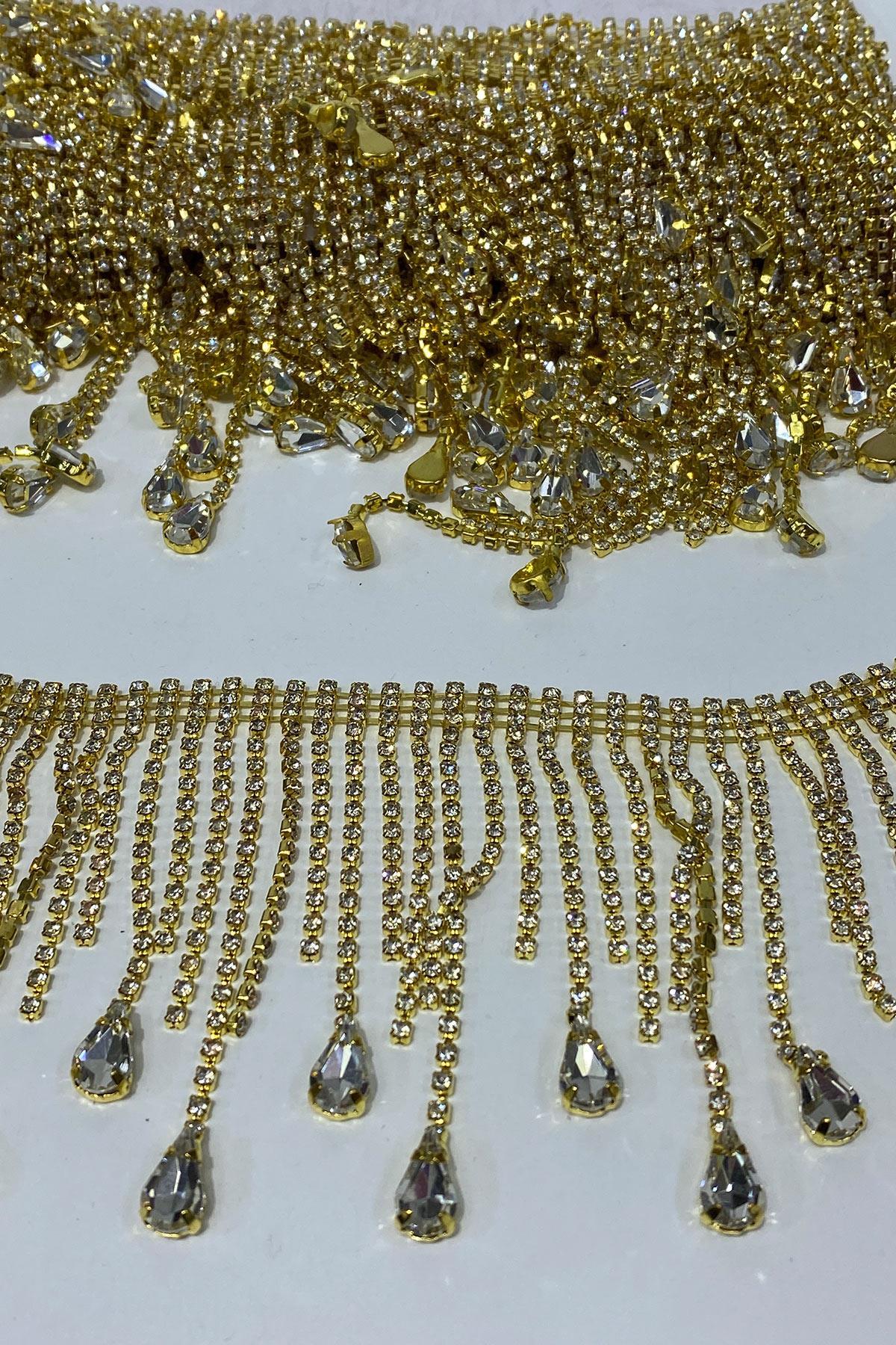 Gold Şeffaf Beyoğlu Damla Taşlı Saçak Püsküllü Şerit Aksesuar