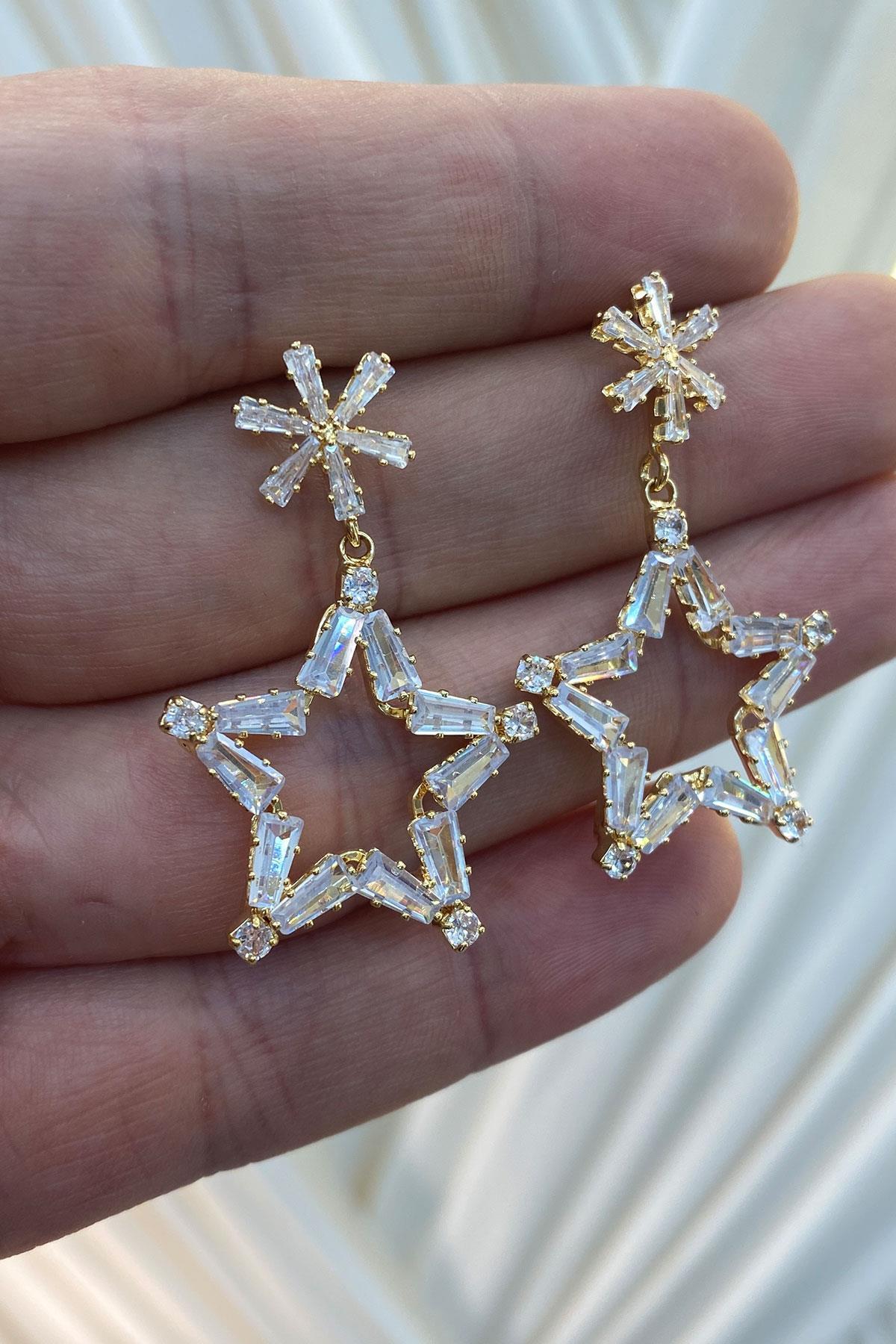 Gold Yıldız Zincirli Zirkon Parlak Taşlı Küpe
