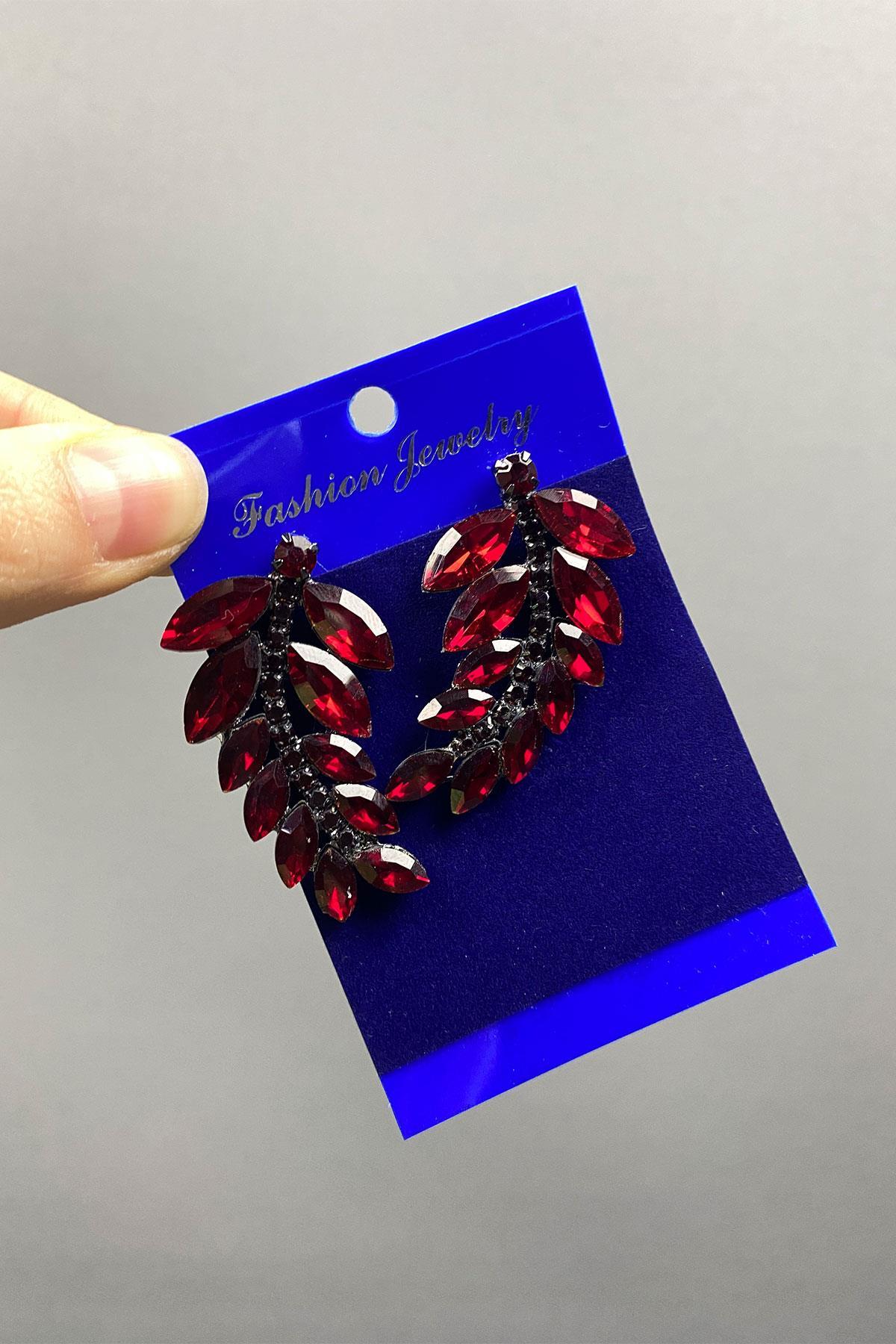 Gümüş Bordo Yaprak Desen Ela Abiye Taşlı Gelin Küpesi