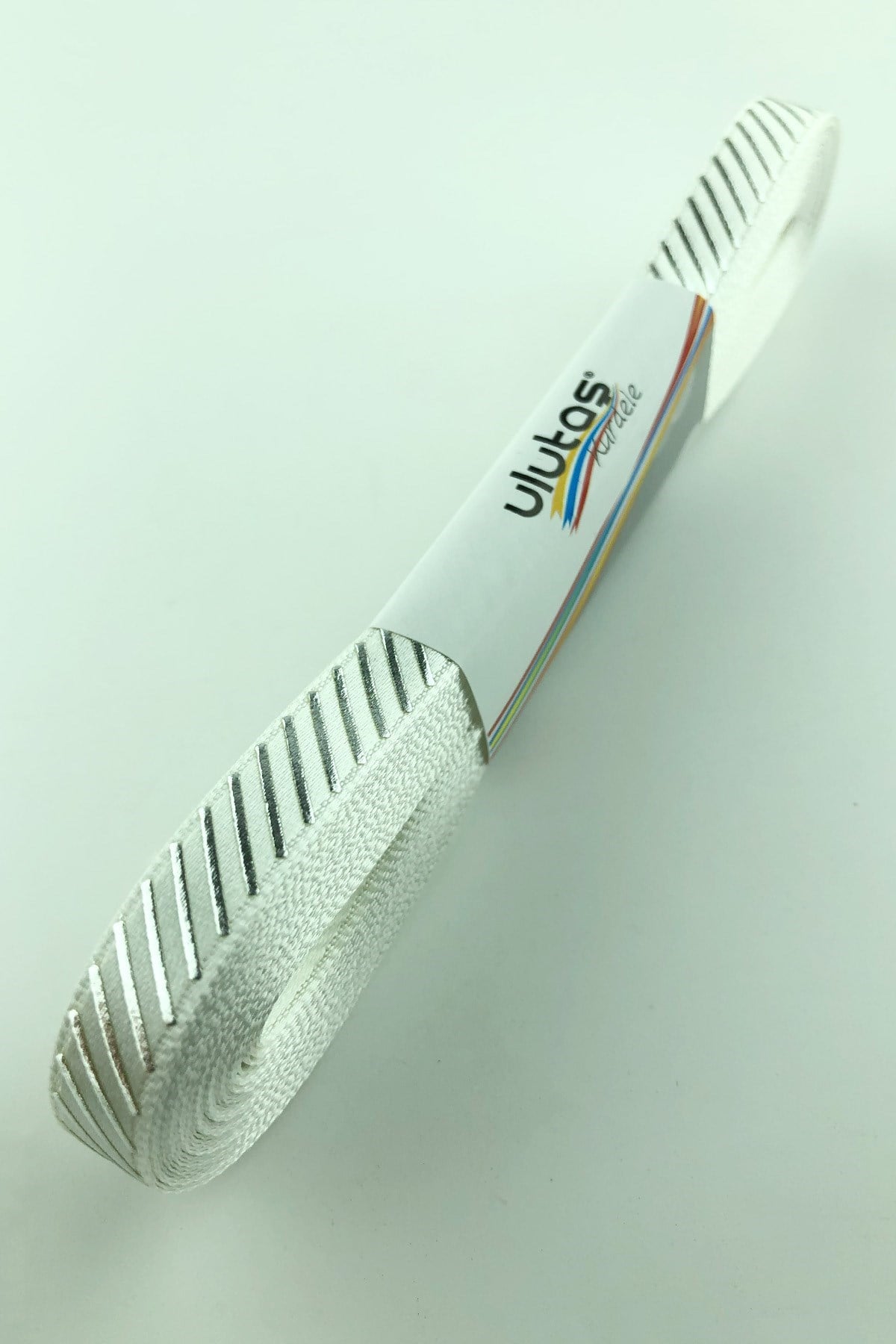 Gümüş Çapraz Varak Baskılı Saten Kurdele 1 cm