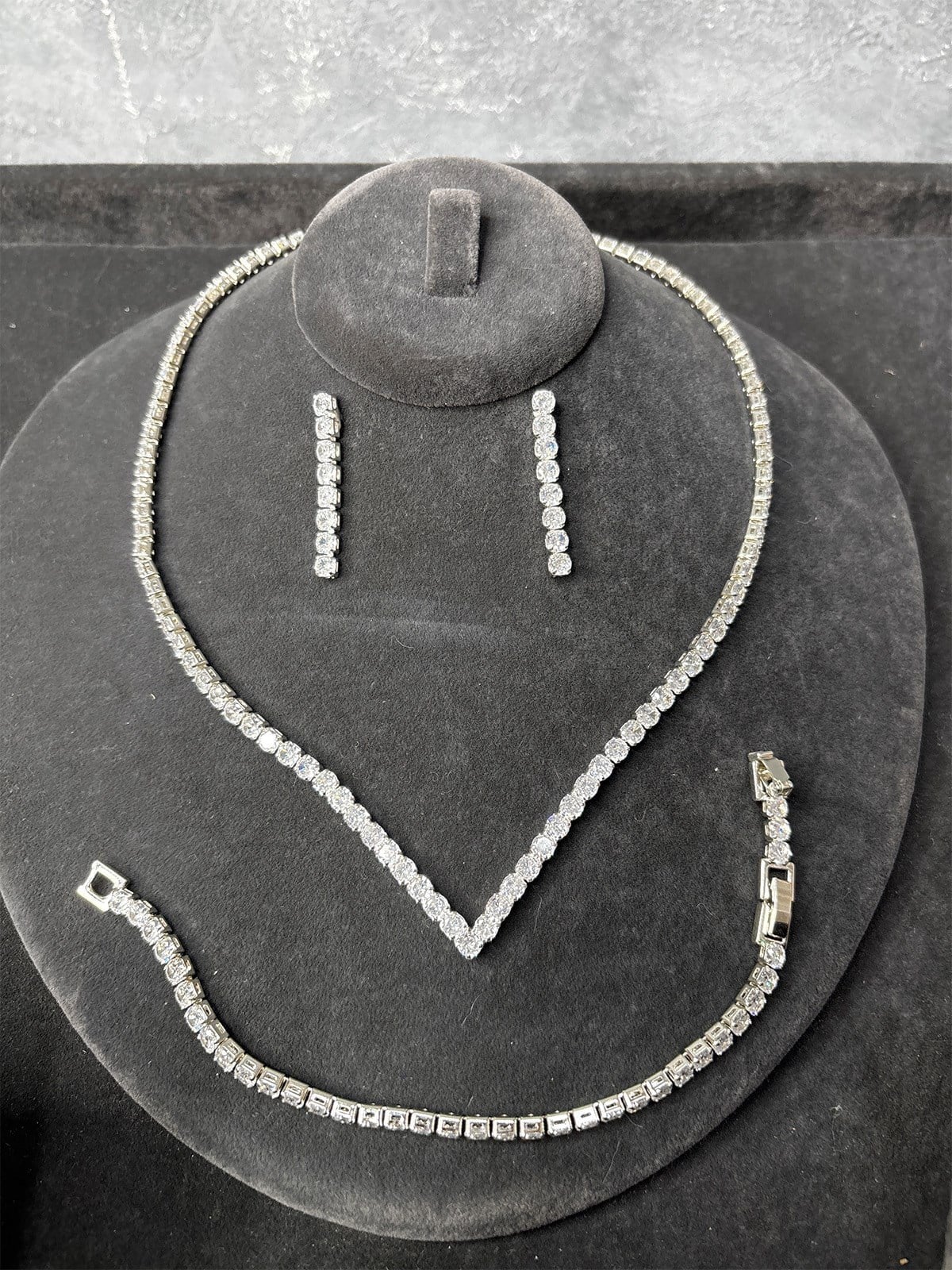 Gümüş Rengi Zirkon Kolye Küpe Bileklik 3'lü Set / Takı Seti Abiye Düğün Takı