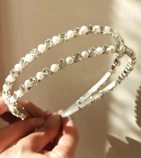 (H)ıkili Inci Detaylı Kristal Taşlı Gümüş Renk Kadın Taç Saç Bandı Nişan Düğün Kına