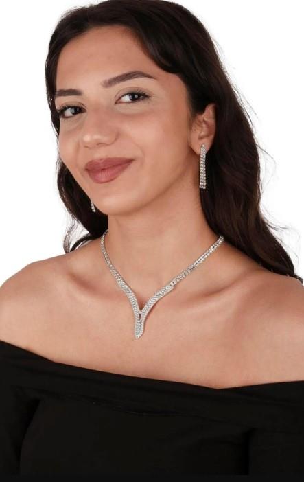 Hira Kristal Taşlı Abiye Kolye Küpe Seti Ve Gül Gelin Tacı