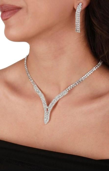 Hira Kristal Taşlı Abiye Kolye Küpe Seti Ve Gül Gelin Tacı