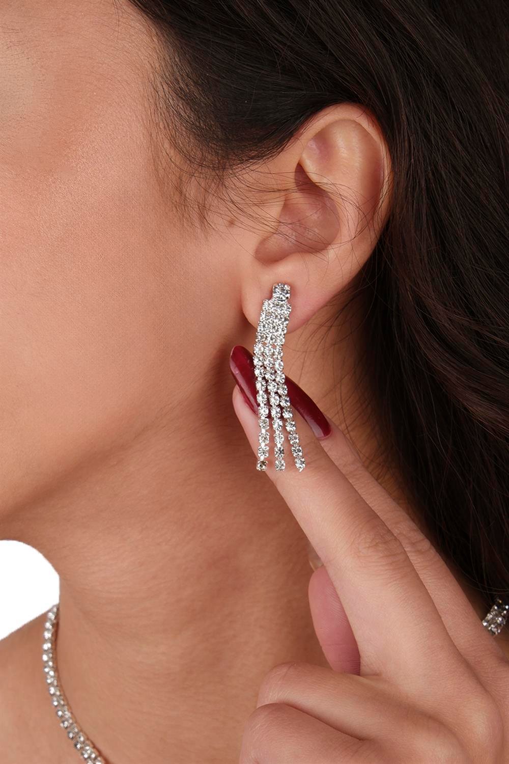 Hira Kristal Taşlı Abiye Kolye Küpe Seti Ve Yaprak Gelin Tacı