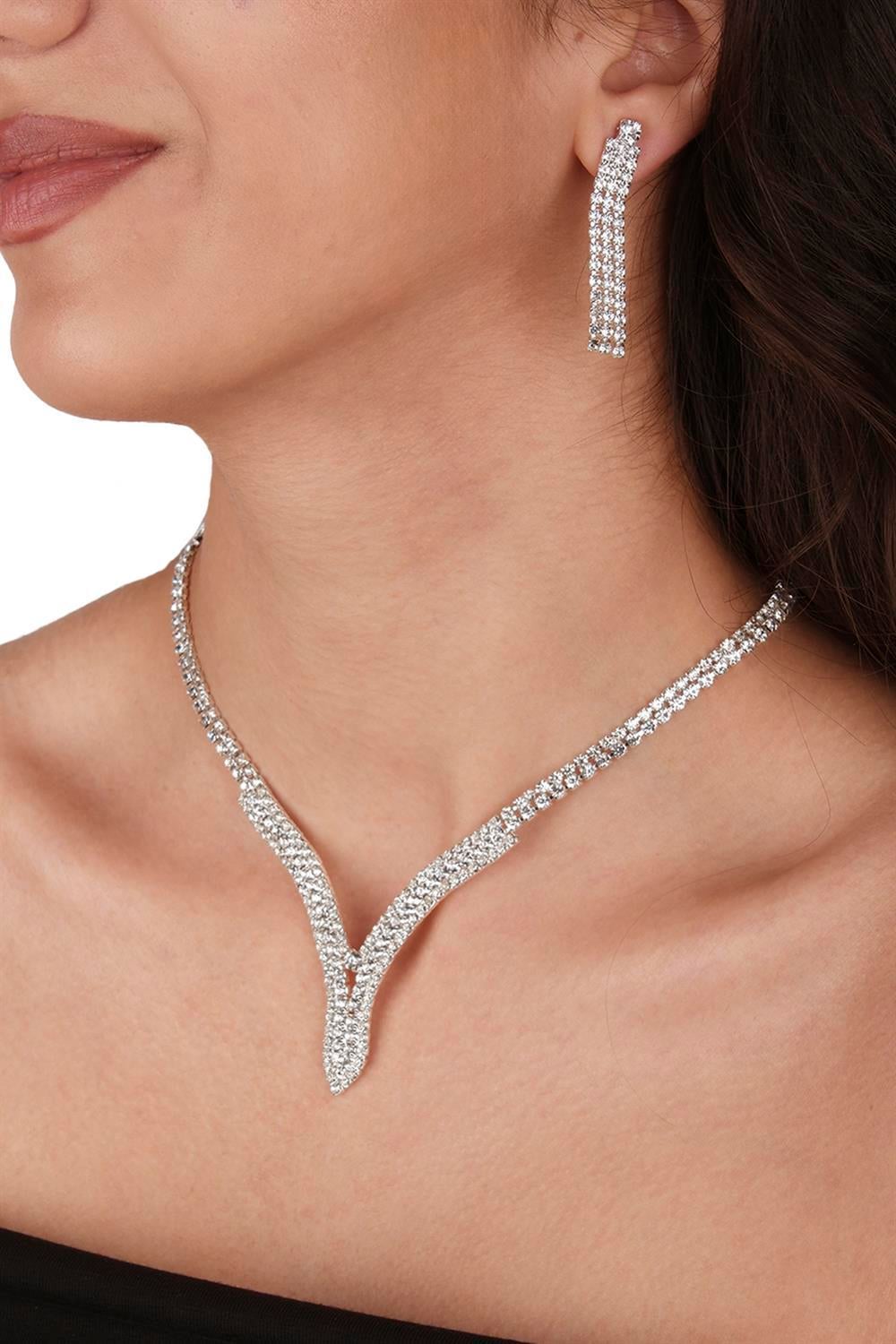 Hira Kristal Taşlı Abiye Kolye Küpe Seti Ve Gül Gelin Tacı