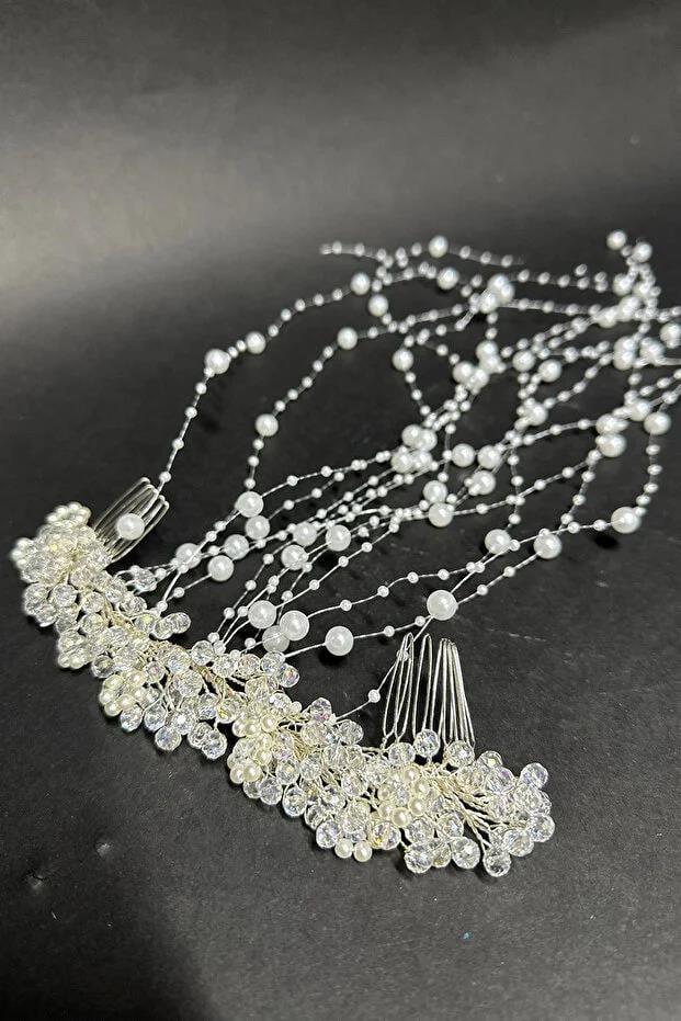 İnci ve Kristal Detaylı Uzun Sarkıtlı Gelin Saç Aksesuarı – Nikah Düğün Aksesuarı