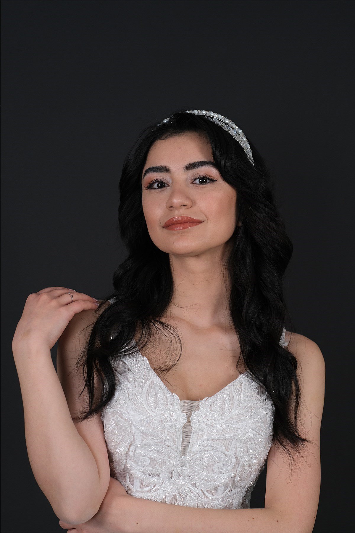 İncili Özel Tasarım Çift Sıralı Gelin Tacı