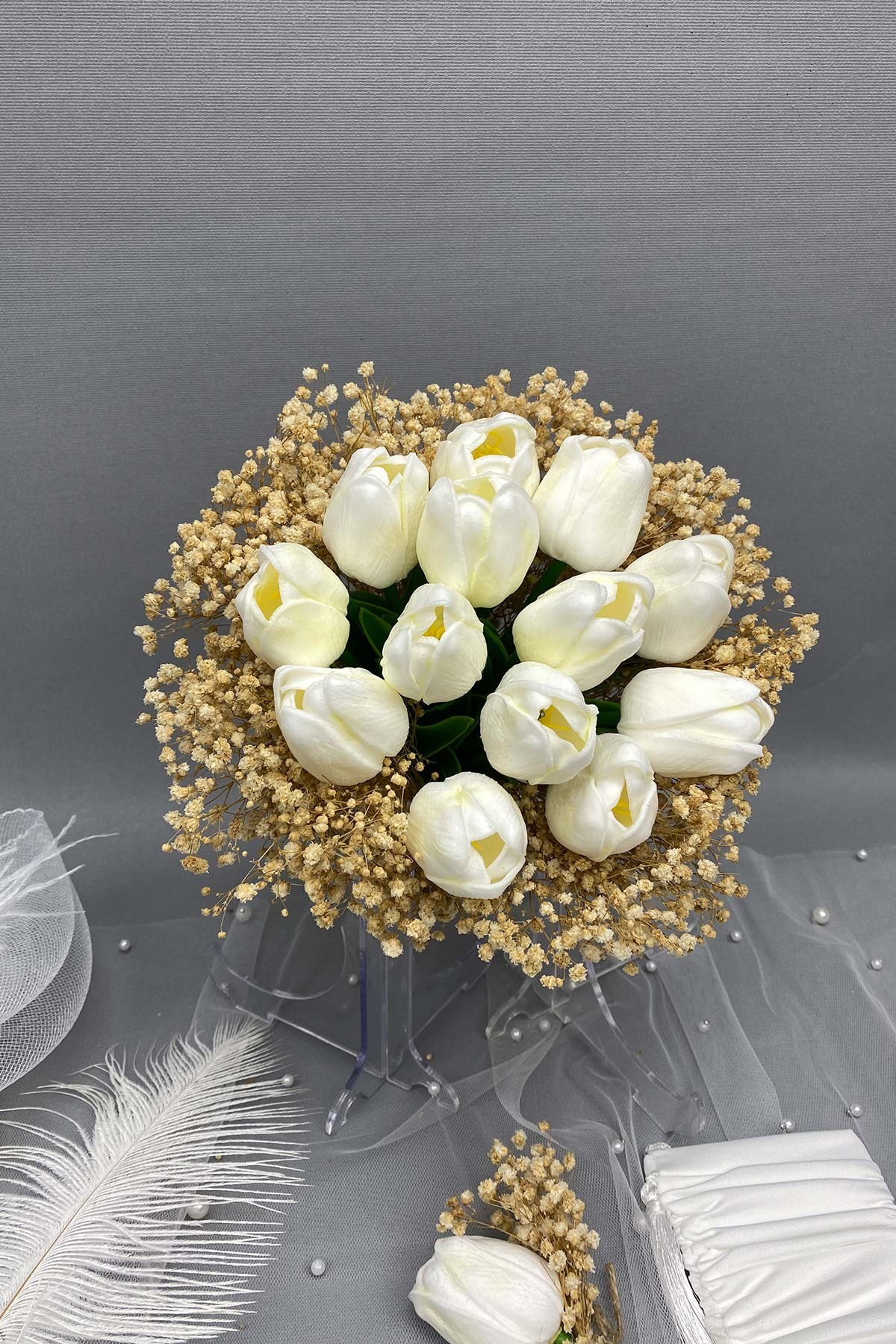 Islak Laleli Cipsolu Gelin Çiçeği,Nikah Şapkası ve Gelin Eldiveni Seti