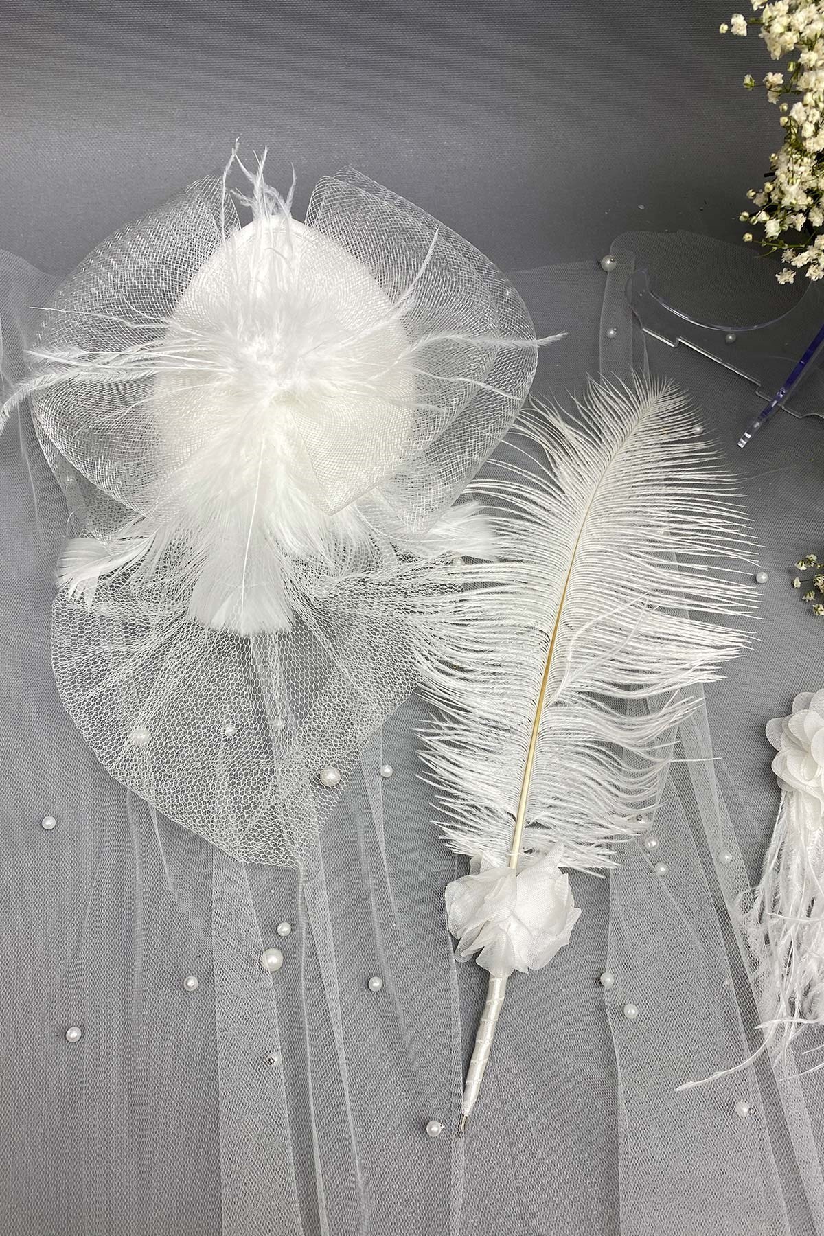 Kırık Beyaz Ortancalı Gelin Buketi,Nikah Şapkası ve Gelin Eldiveni Seti