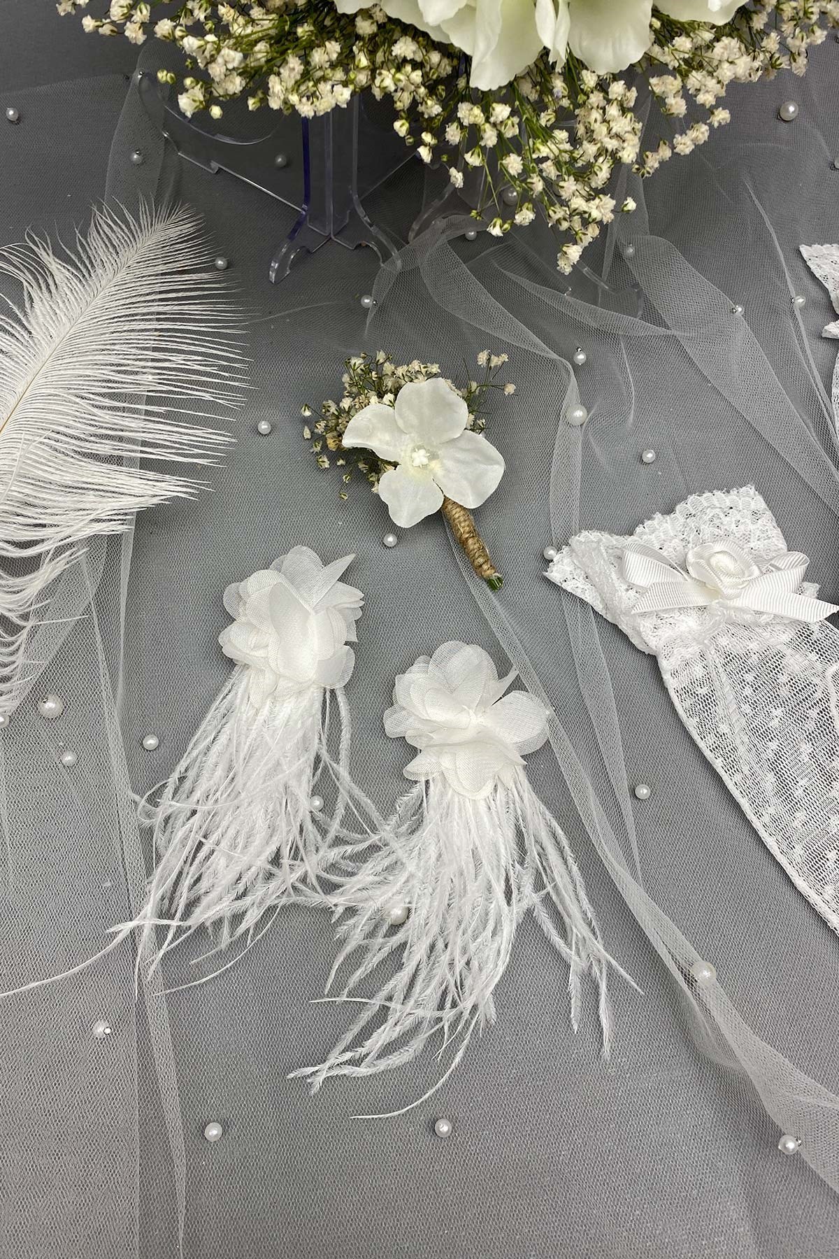 Kırık Beyaz Ortancalı Gelin Buketi,Nikah Şapkası ve Gelin Eldiveni Seti