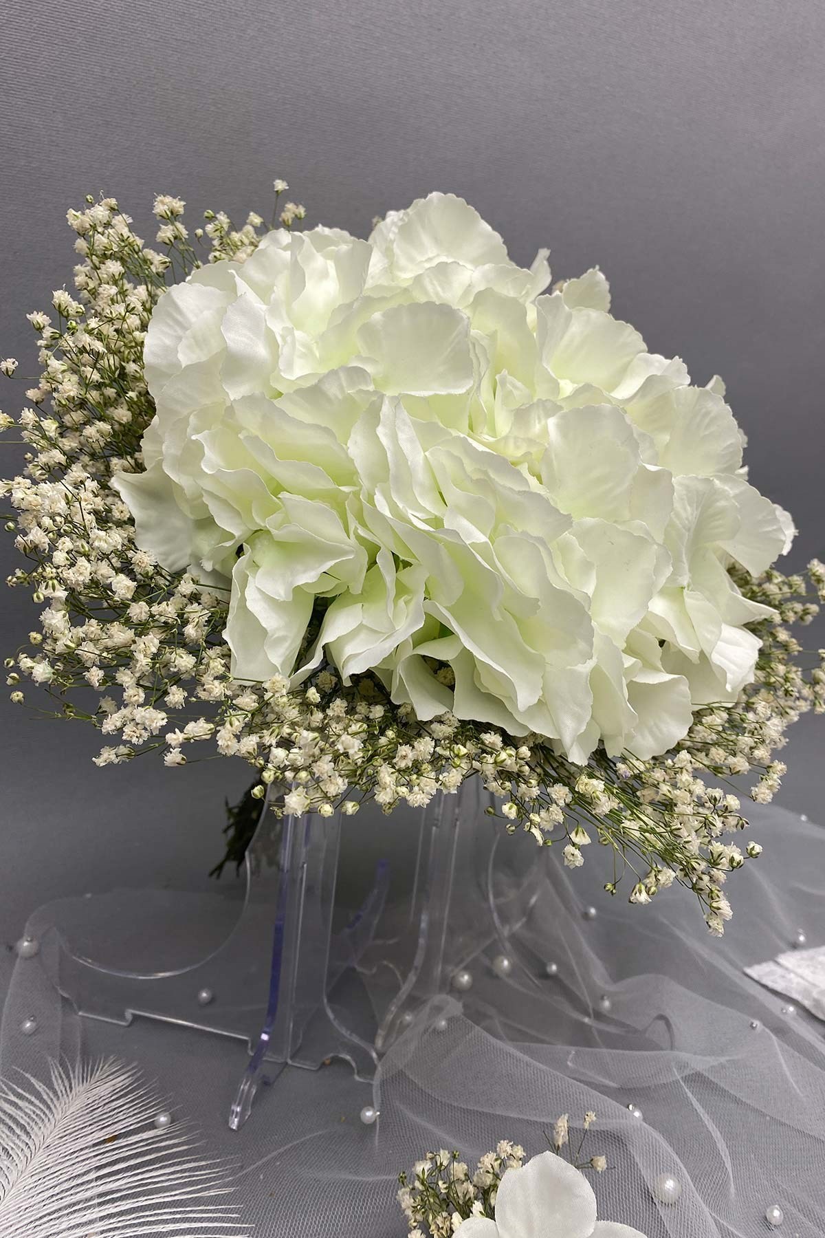 Kırık Beyaz Ortancalı Gelin Buketi,Nikah Şapkası ve Gelin Eldiveni Seti