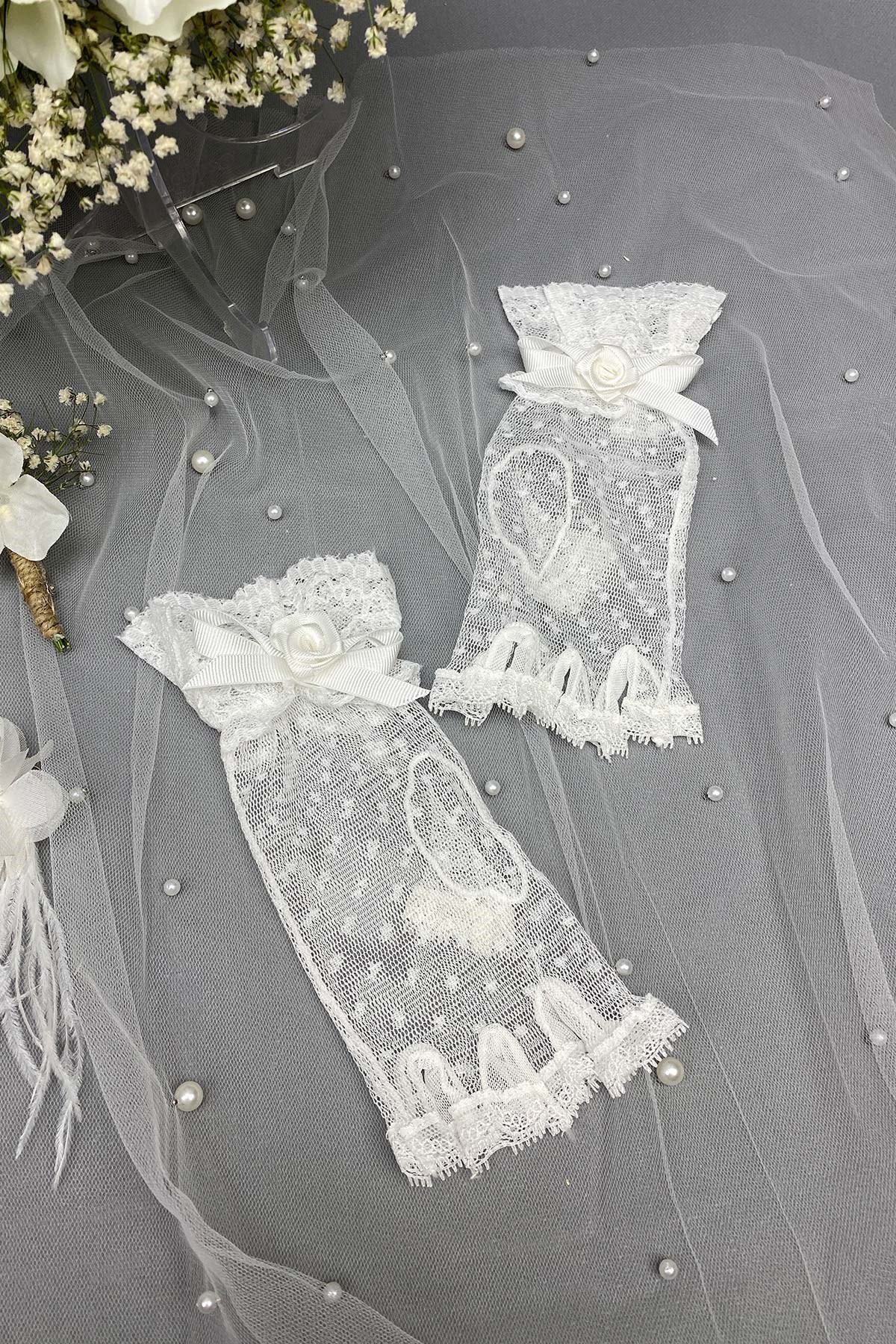 Kırık Beyaz Ortancalı Gelin Buketi,Nikah Şapkası ve Gelin Eldiveni Seti