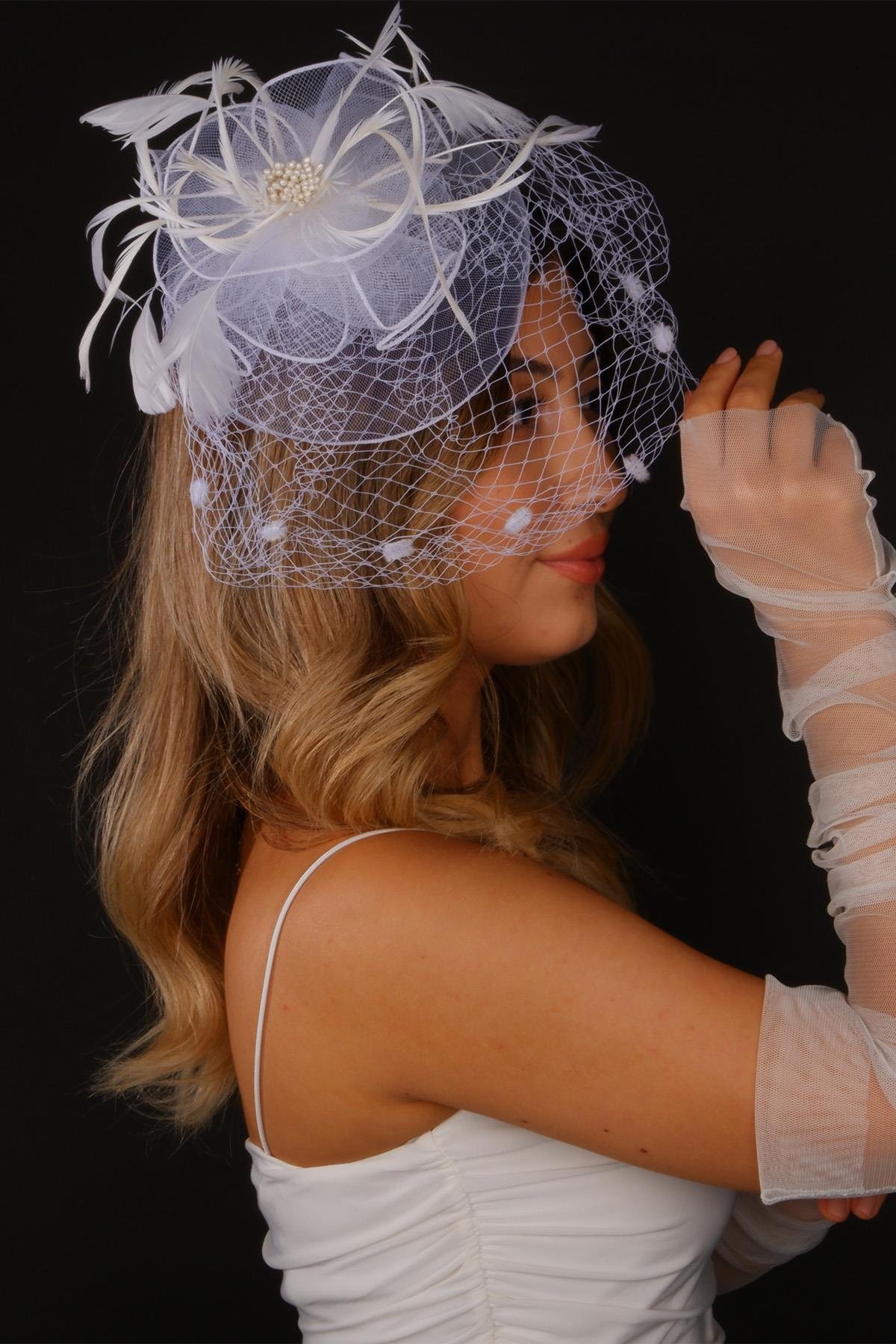 Kırık Beyaz Vualet Nikah Şapkası Canel Gelin Aksesuarı Ve Tül Eldiven