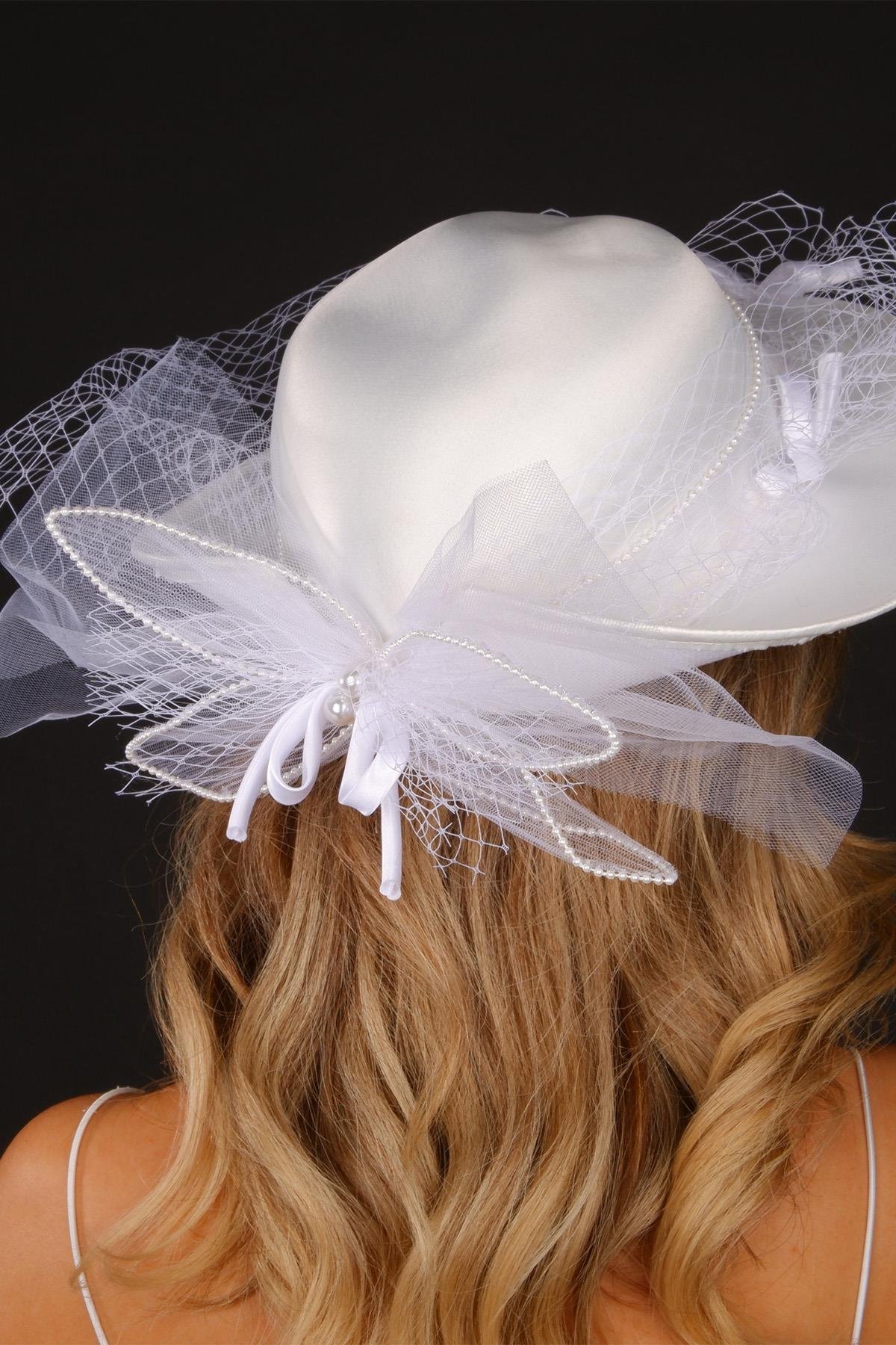 Kırık Beyaz Vualet Nikah Şapkası İzem İncili Gelin Aksesuarı