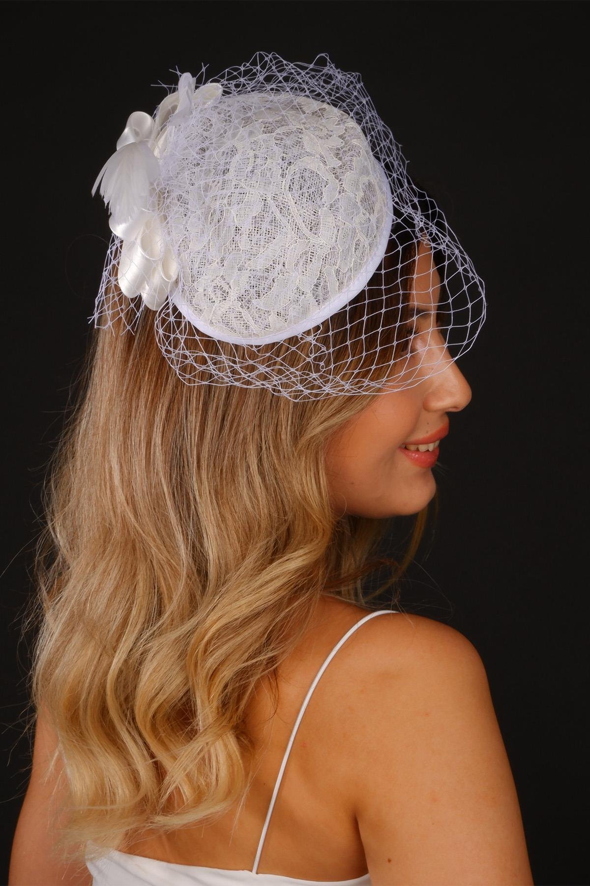Kırık Beyaz Vualet Nikah Şapkası Miss Dantelli Tüllü Gelin Aksesuarı