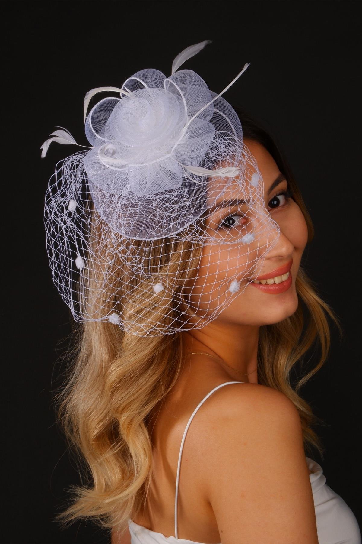Kırık Beyaz Vualet Nikah Şapkası Selis Gelin Aksesuarı
