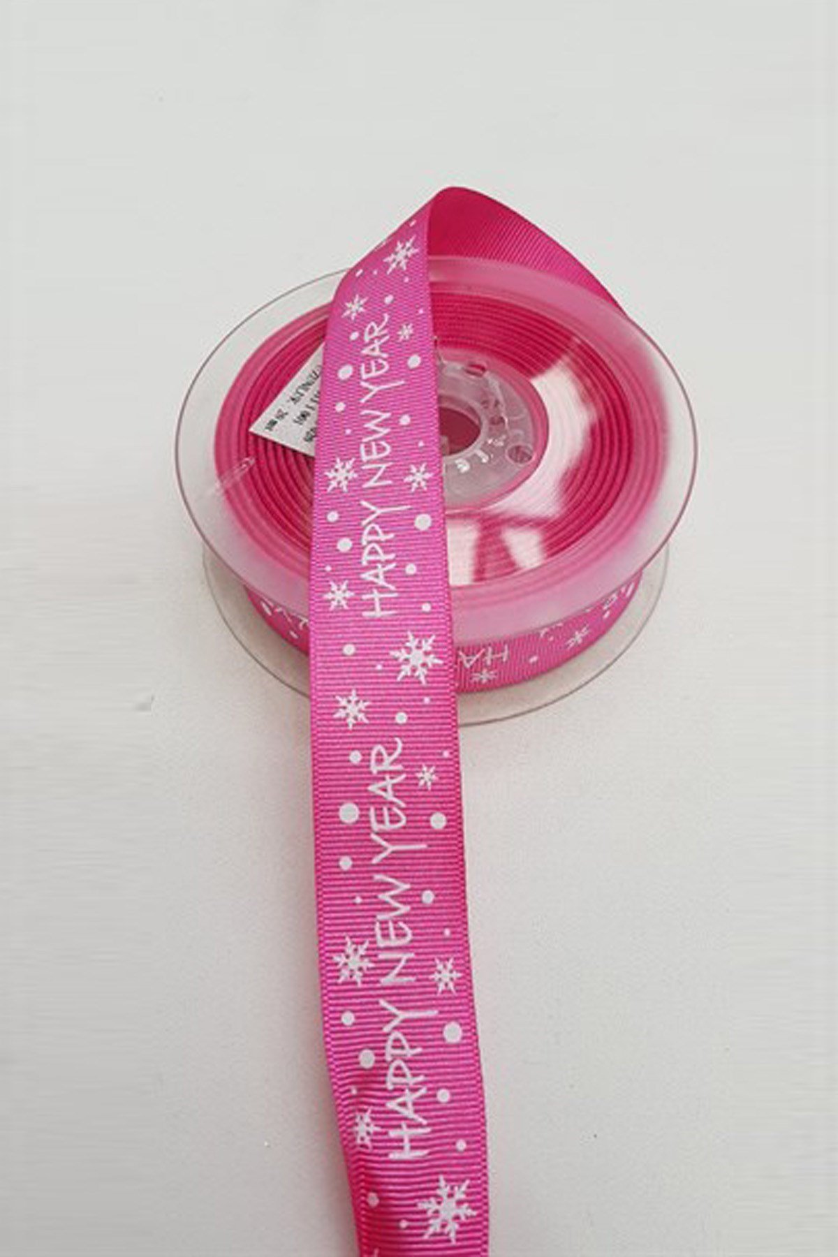 Koyu Pembe Happy New Year Yılbaşı Grogren Kurdele 2,5 cm
