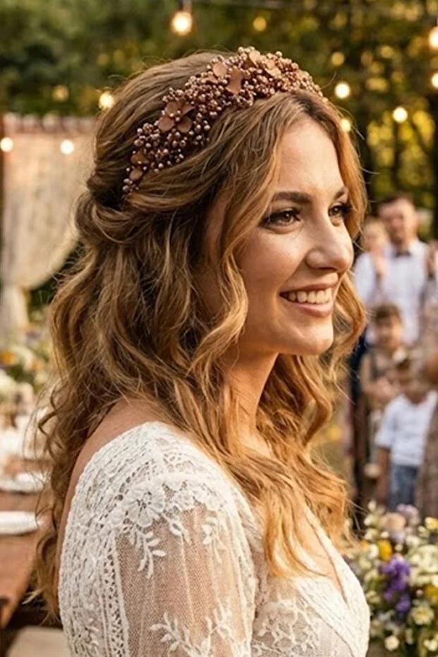 Kristal Taşlı Çiçekli Gelin Tacı Kına Ve Nişan Saç Aksesuarı